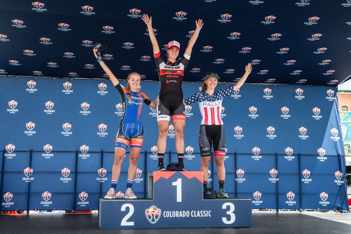 The women's podium on stage 1 of the Colorado Classic comprised Jen Valente, Skylar Schneider, and Emma White. Photo: Casey B. Gibson | <a href="http://www.cbgphoto.com">www.cbgphoto.com</a>