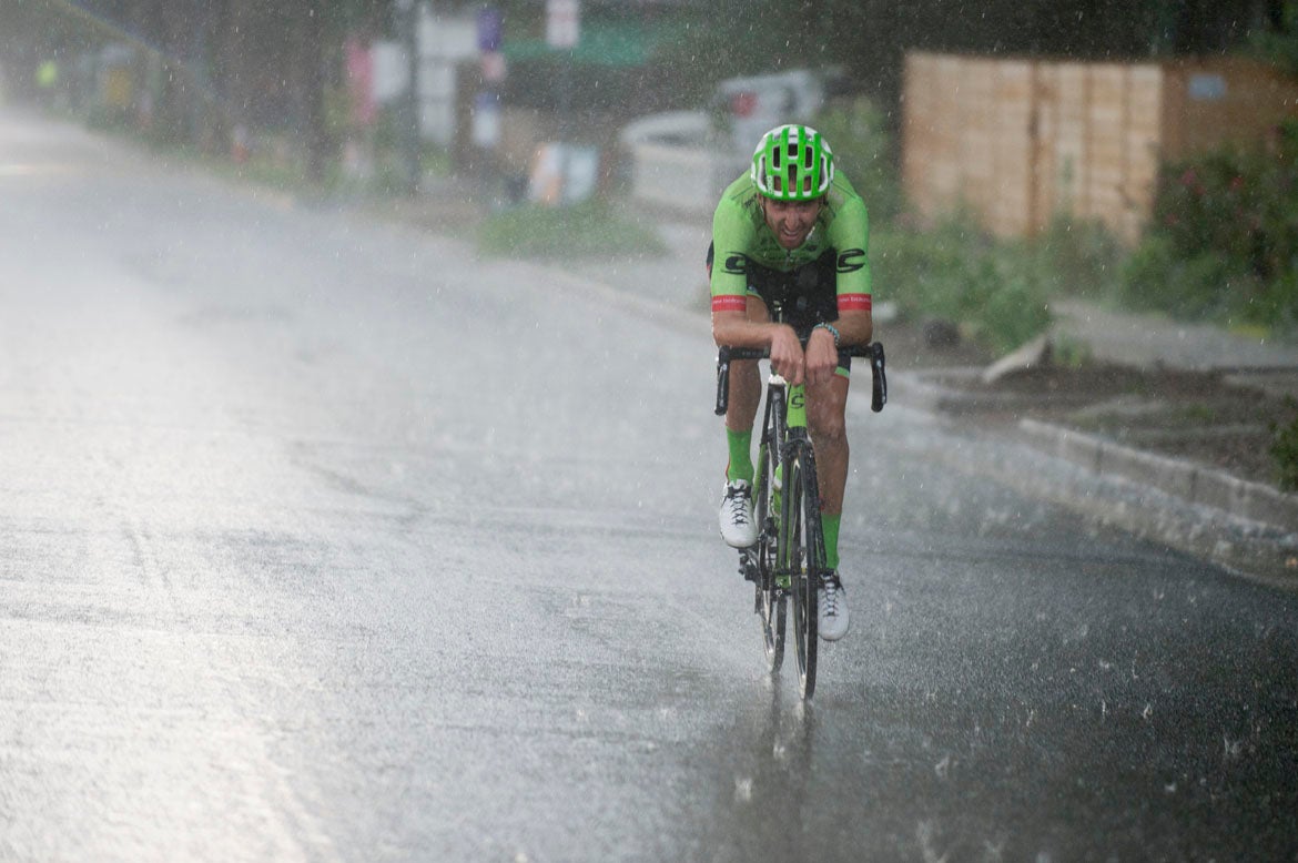 Taylor Phinney rides through a downpour on Thursday in Colorado Springs. Photo: Casey B. Gibson | <a href="http://www.cbgphoto.com">www.cbgphoto.com</a>