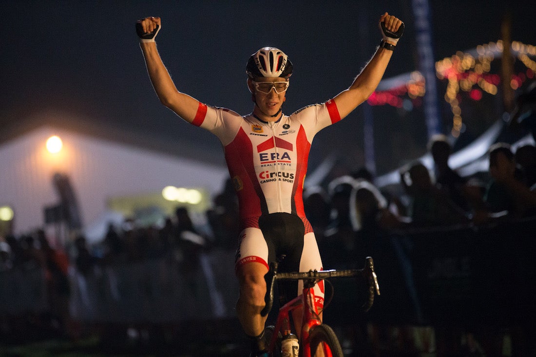 Laurens Sweeck powered to the UCI C1 victory under the lights on the first day of the Jingle Cross Festival. Photo Courtesy: Will Matthews