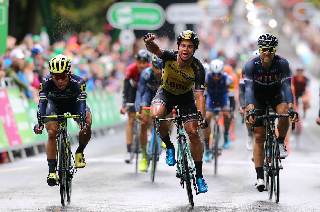 Dylan Groenewegen (LottoNL-Jumbo) sprinted to victory in dismal conditions on stage seven of the 2017 Tour of Britain. Photo: Tim De Waele | <a href="http://www.tdwsport.com" target="_blank">TDWsport.com</a>