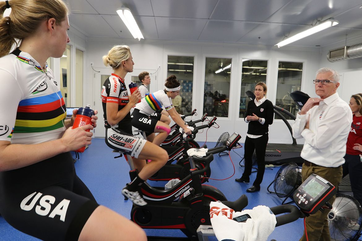 USA Cycling riders train at the United States Olympic Committee headquarters while coaches Kristin Armstrong-Savola and Gary Sutton look on. Photo credit: Brad Kaminski