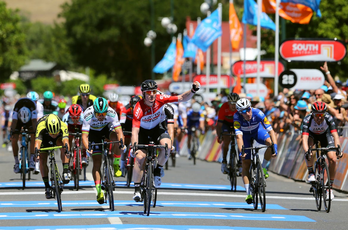 Andre Greipel (Lotto Soudal) captured his 17th career stage victory at the Santos Tour Down Under on Tuesday in Lyndoch. Photo: Tim De Waele | <a href="http://www.tdwsport.com" target="_blank">TDWsport.com</a>