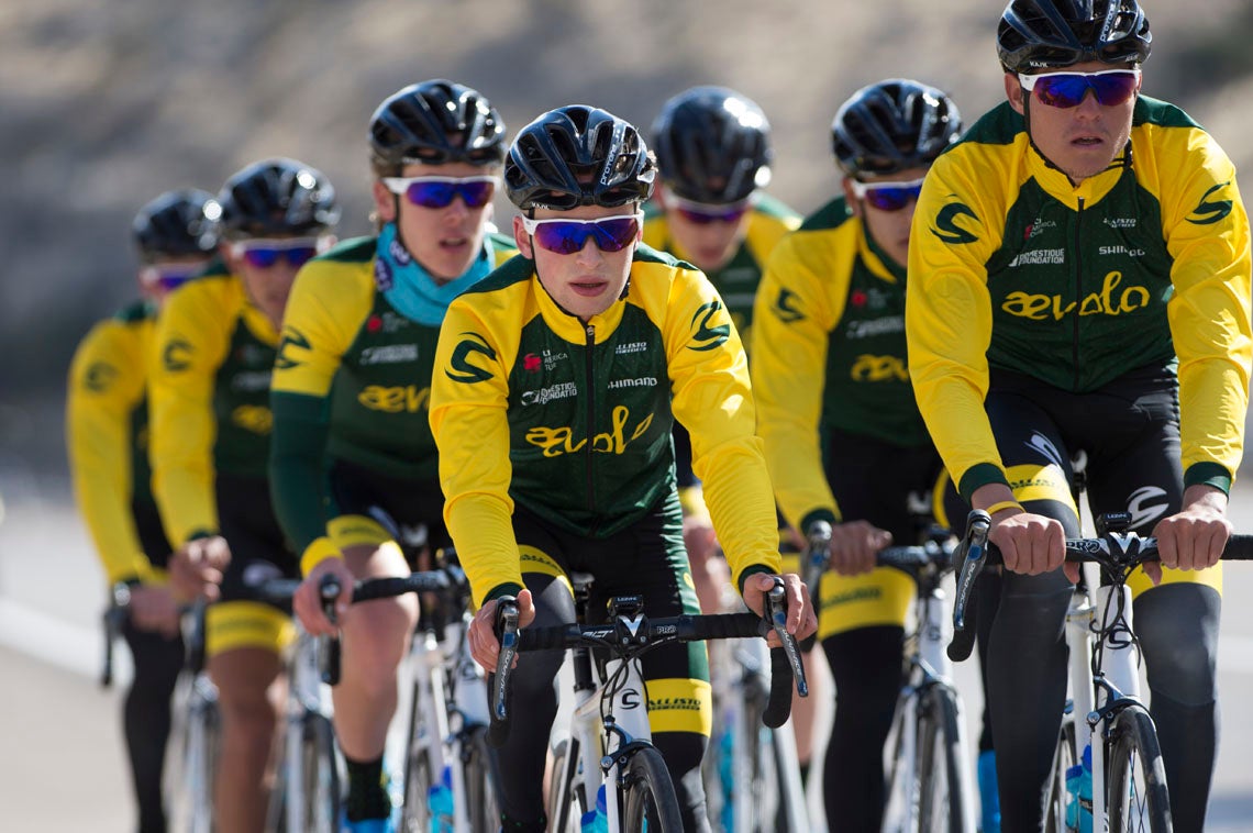 On a cold second day of camp, Jason Saltzman and Luis Villalobos lead the ride over the Mountain Springs Summit. Photo: Casey B. Gibson | <a href="http://www.cbgphoto.com">www.cbgphoto.com</a>
