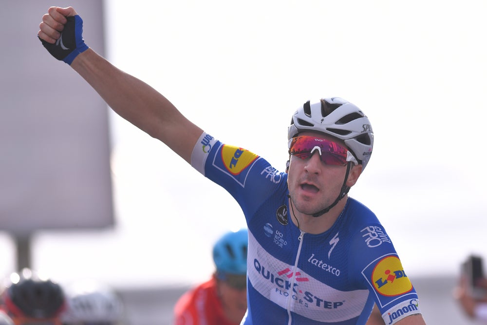 Elia Viviani celebrated after winning stage 2 in Dubai. Photo: ©Tim De Waele | Getty Images