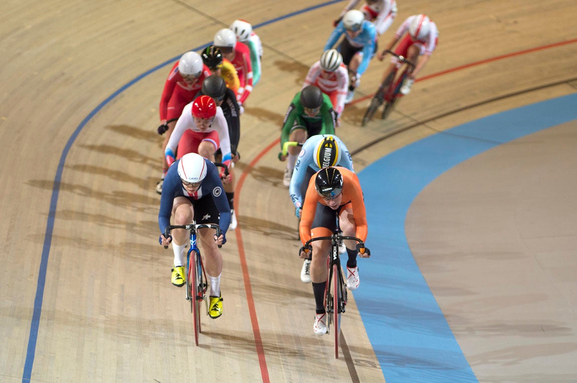 Jen Valente and Kirsten Wild battle at the 2018 UCI Track Cycling World Championships. Photo: Casey B. Gibson