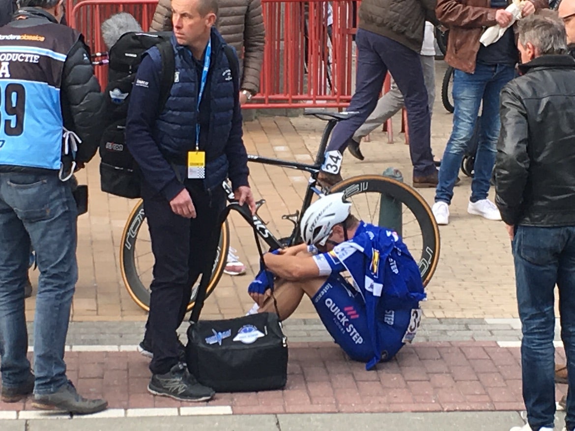 Elia Viviani (Quick-Step Floors) shed a few tears after Gent-Wevelgem on Sunday. He finished second to Peter Sagan (Bora-Hansgrohe). Photo: Andrew Hood | VeloNews