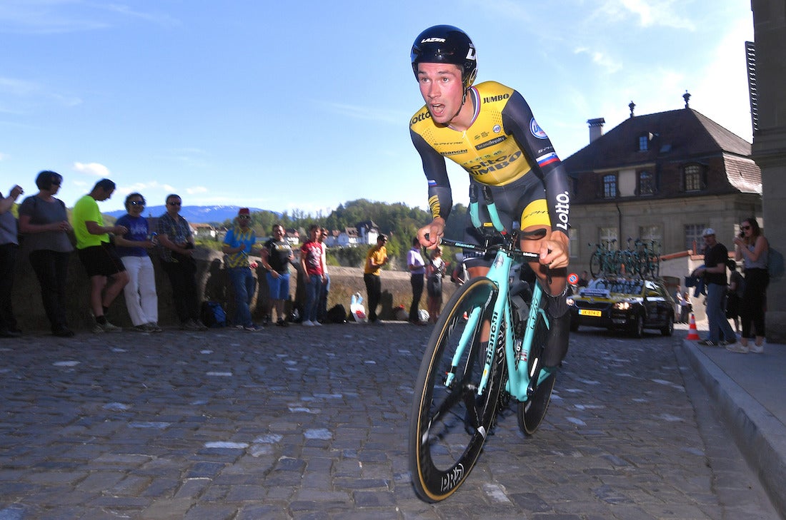 Primoz Roglic racing the prologue at the Tour de Romandie. Photo: Luc Claessen/Getty Images