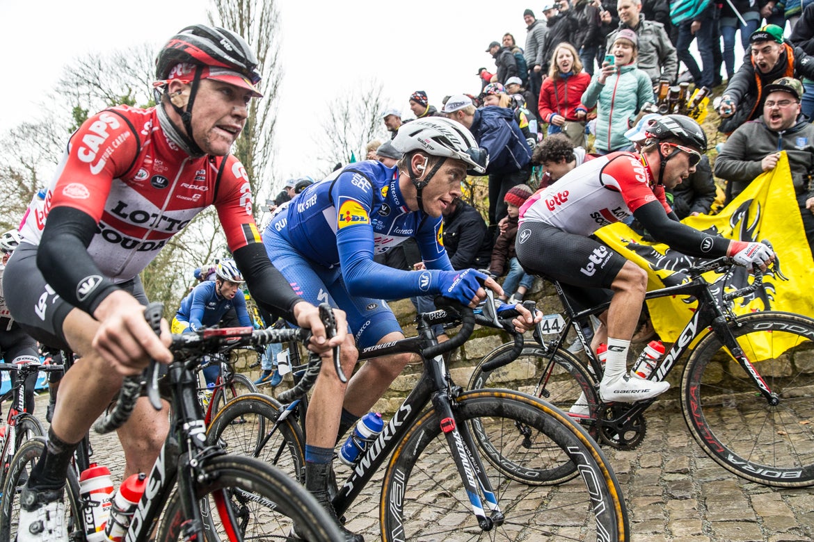 Niki Terpstra was among the top contenders on the summit of the Murr-Kapelmuur in Geraardsbergen. Photo: Jim Fryer / BrakeThrough Media | www.brakethroughmedia.com