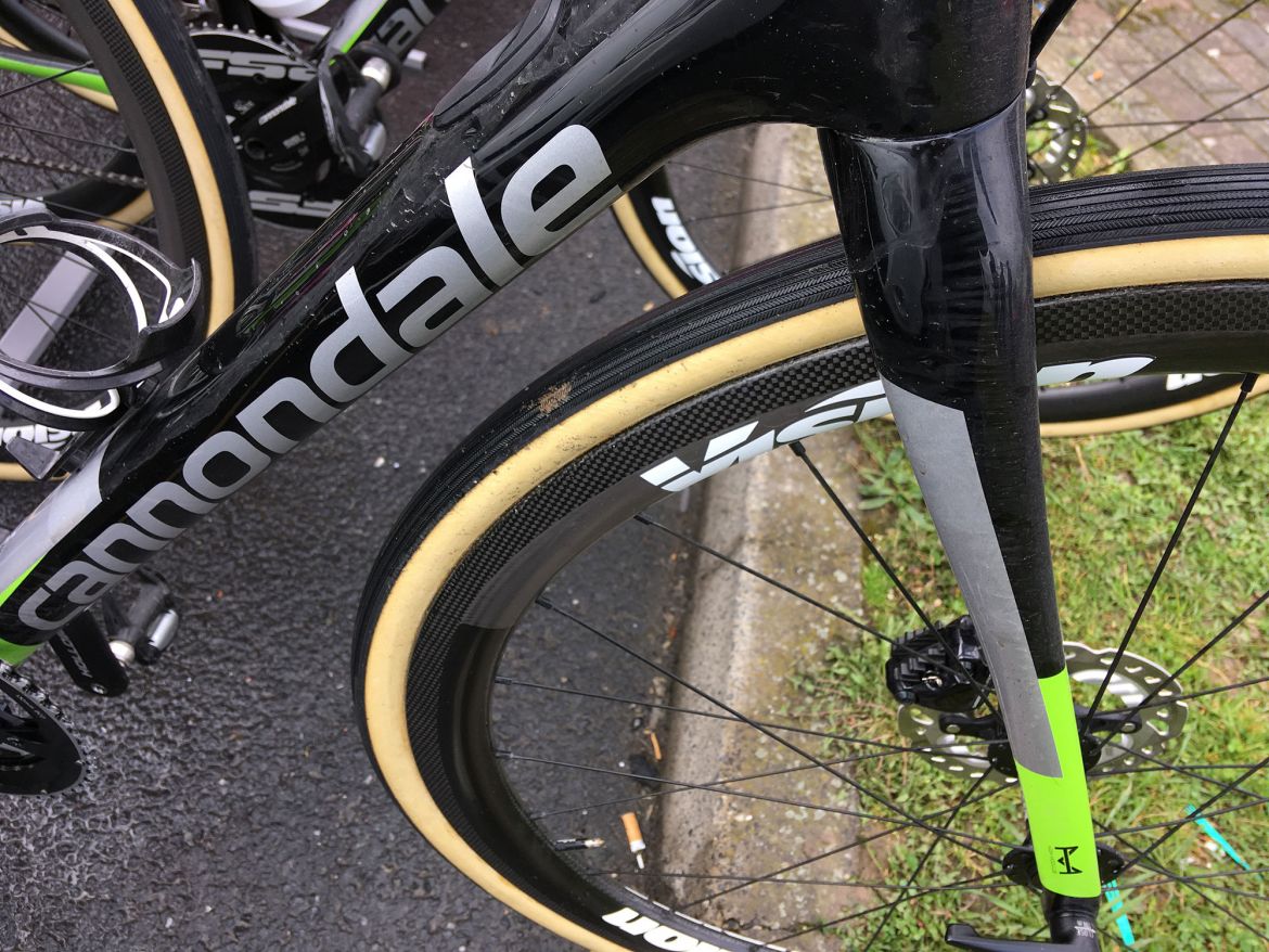 Not surprisingly, Langeveld is running tubular tires with cotton casings from Vittoria for a plush ride over the cobbles. The tire size isn't visible here, but he rode 700x30mm tires during recon rides. Photo: Dane Cash | VeloNews.com