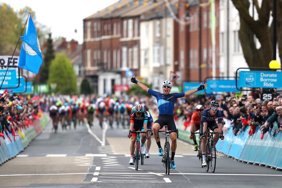 Harry Tanfield celebrates his Tour de Yorkshire stage win.