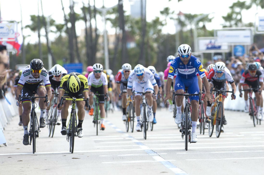 Fernando Gaviria (Quick-Step Floors) out sprinted Caleb Ewan (Mitchelton–Scott) and Peter Sagan (Bora-Hansgrohe) to win stage one at the 2018 Amgen Tour of California. Photo: Casey B. Gibson | www.cbgphoto.com