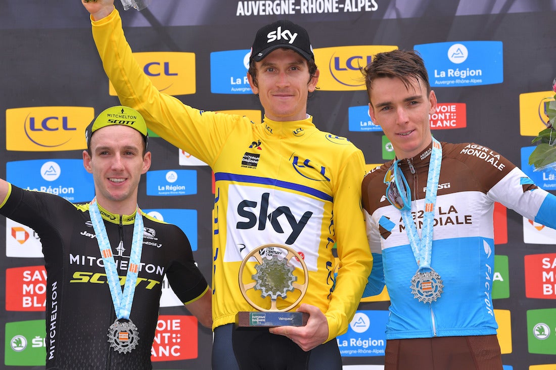 Geraint Thomas atop the Critérium du Dauphiné podium flanked by runner-up Adam Yates and third-placed Romain Bardet. Photo: Tim de Waele/Getty Images