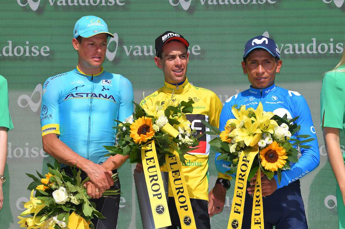 Race winner Richie Porte flanked by runner-up Jakob Fuglsang and third-placed Nairo Quintana after the Critérium du Dauphiné. Photo: Tim de Waele/Getty Images