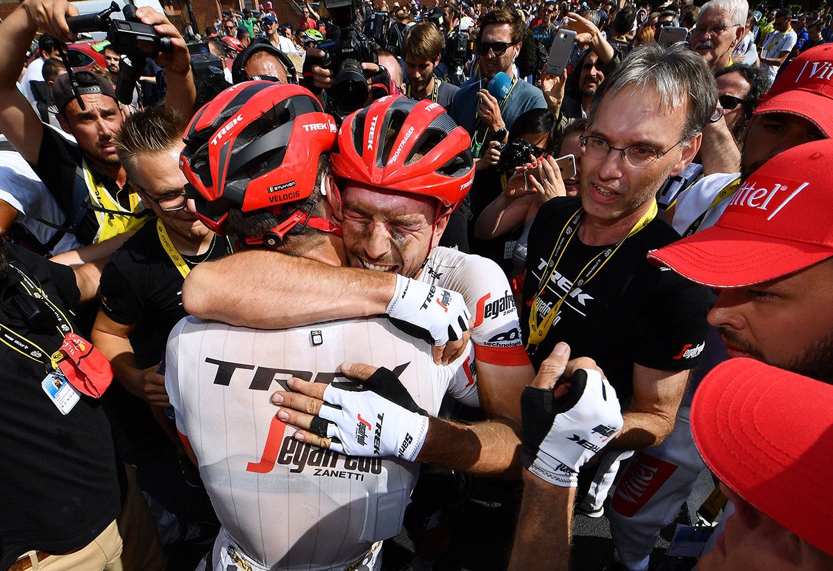 ROUBAIX, FRANCE - JULY 15: Arrival / John Degenkolb of Germany and Team Trek Segafredo / Jasper Stuyven of Belgium and Team Trek Segafredo / Celebration / during the 105th Tour de France 2018, Stage 9 a 156,5 stage from Arras Citadelle to   Roubaix on July 15, 2018 in Roubaix, France. (Photo by Justin Setterfield/Getty Images)