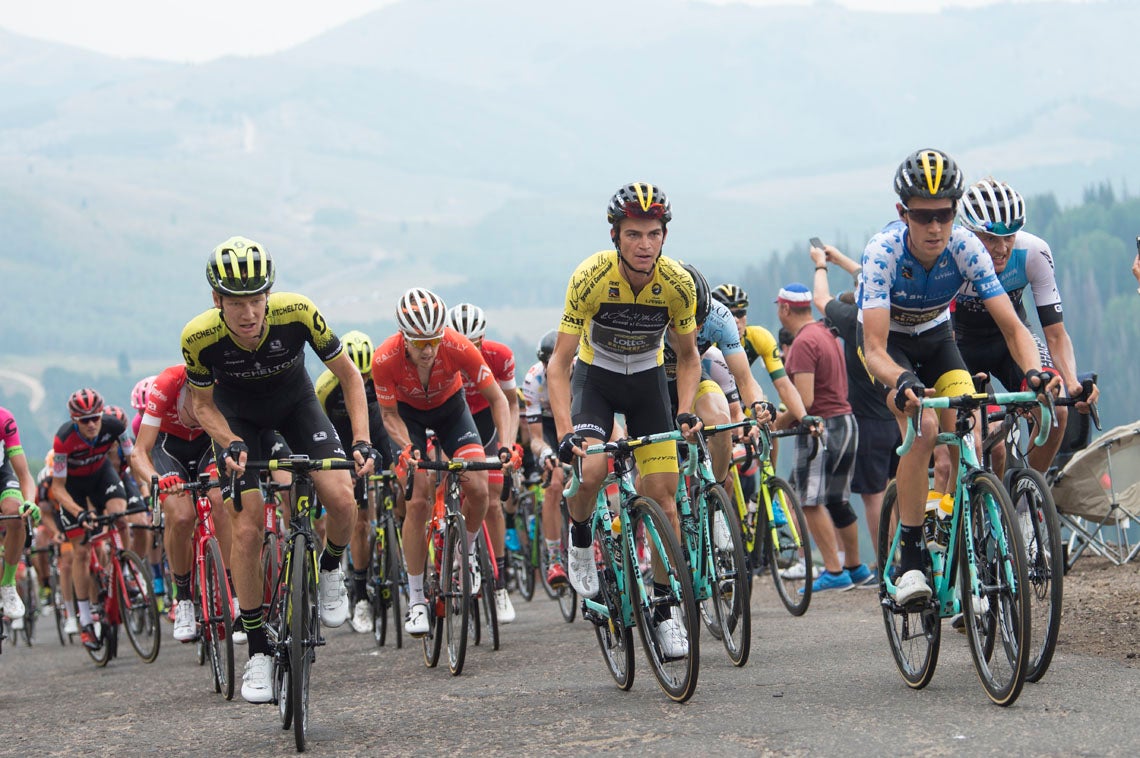Jack Haig, Sepp Kuss, and Daan Olivier lead the peloton over Guardsman Pass in stage 5 of the Tour of Utah. Photo: Casey B. Gibson | <a href="http://www.cbgphoto.com">www.cbgphoto.com</a>