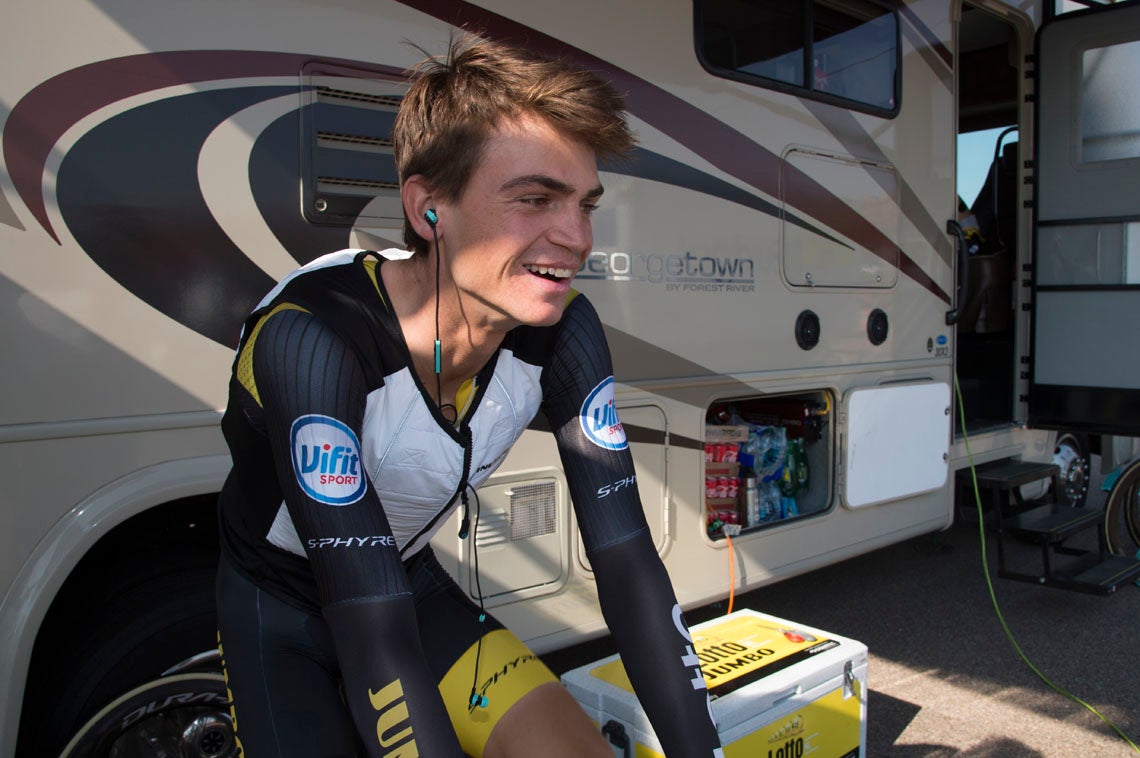 Sepp Kuss on the trainer during the prologue at the 2018 Tour of Utah. Photo: Casey B. Gibson | <a href="http://www.cbgphoto.com">www.cbgphoto.com</a>