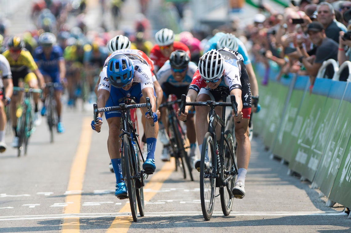 Jasper Philipsen returns the favor of stage 3 by edging Travis McCabe at the line in stage 4 in Salt Lake City. Photo: Casey B. Gibson | <a href="http://www.cbgphoto.com">www.cbgphoto.com</a>