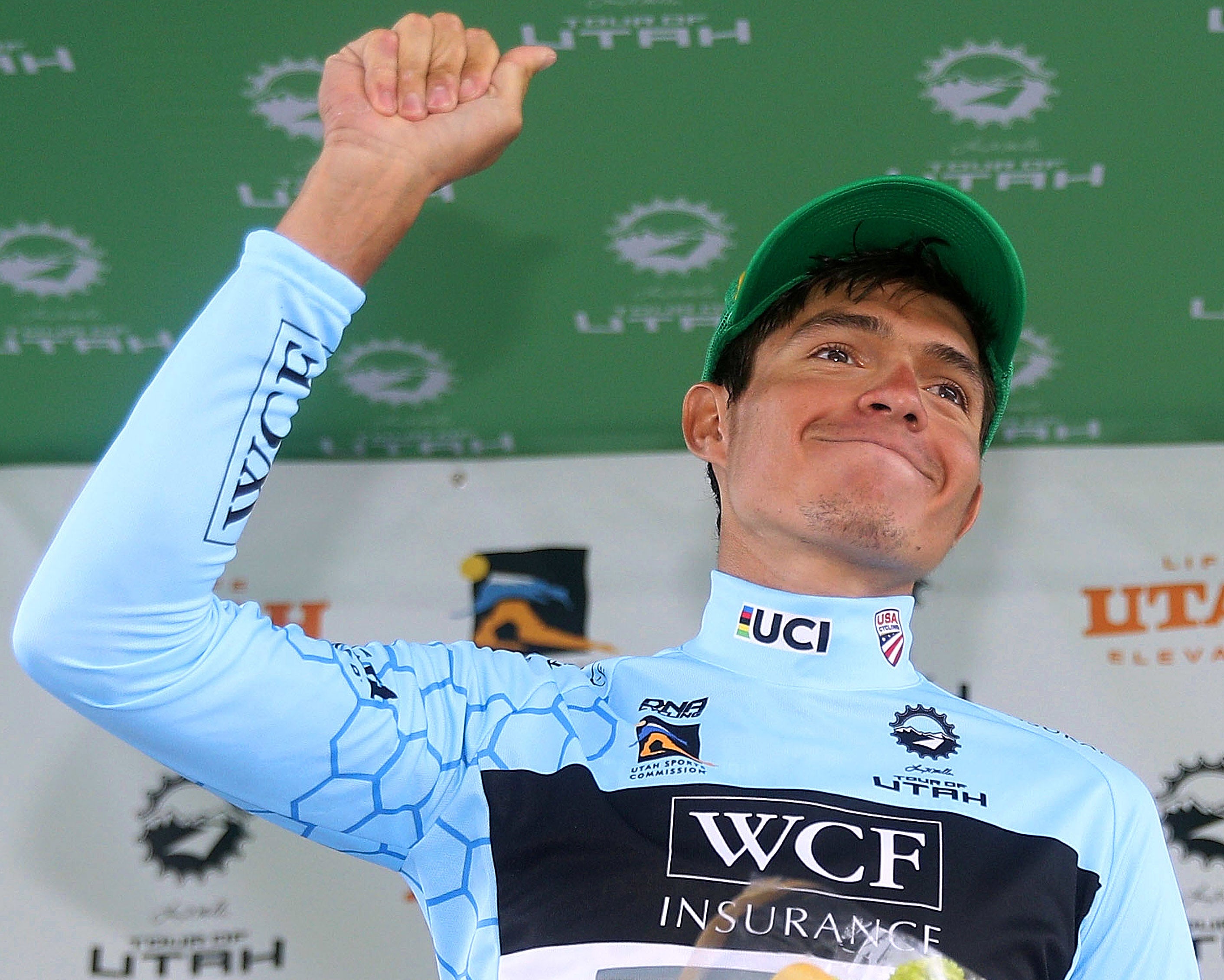 PARK CITY, UT - AUGUST 12: Podium / Luis Ricardo Villalobos Hernandez of Mexico and Team Aevolo Pro Cycling Turquoise best young rider jersey / Celebration / during the 14th Larry H. Miller Tour of Utah, Stage 6 a 123,4km stage from Park City to Park City 2200m / TOU / on August 12, 2018 in Park City, Utah.  (Photo by Chris Graythen/Getty Images)