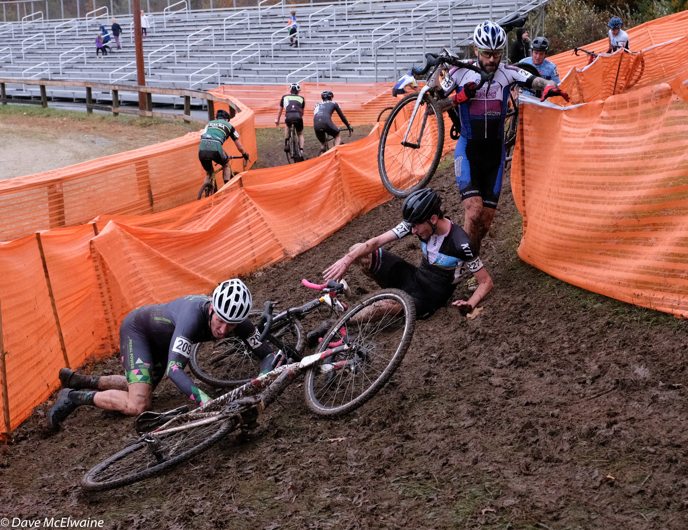 Conditions for the early races were brutal as the rain made everything slippery. Photo: Dave McElwaine