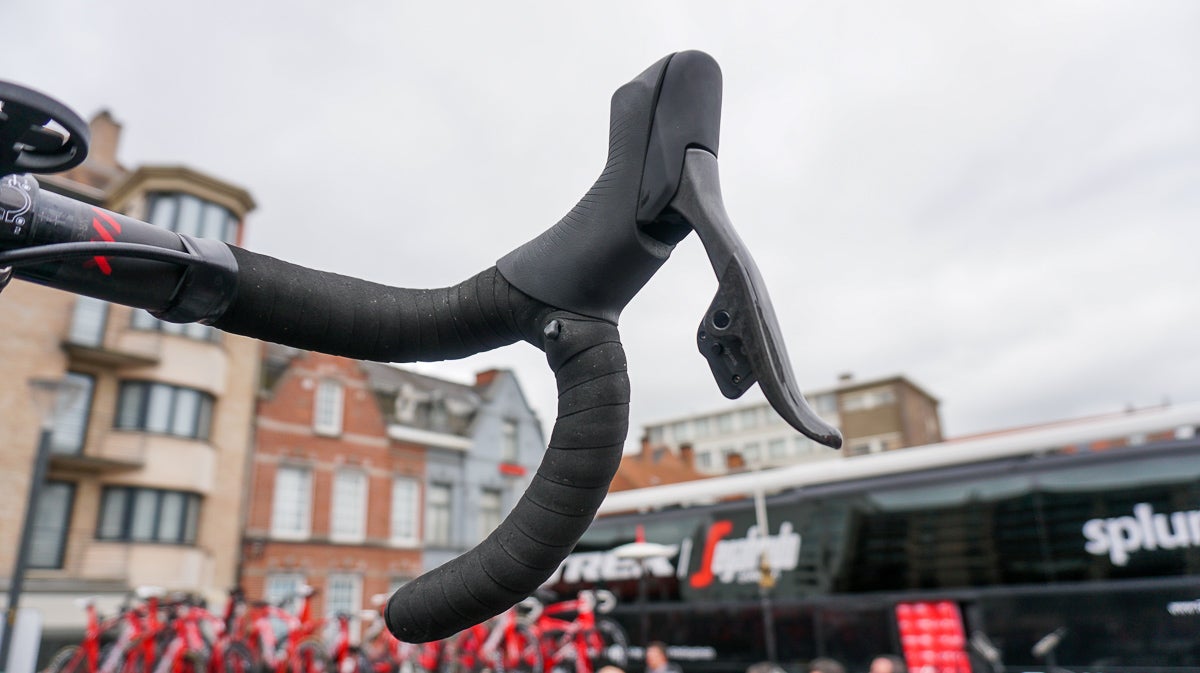 On SRAM eTap, the left shifter moves the chain onto larger cassette cogs. Pressing both left and right shifters triggers a front-derailleur shift. Presumably the Shimano Di2 sprint shifter functions just like a Blip shifter, mimicking the functionality of the lever to which it is wired. Photo: Ben Delaney / Roll Massif 