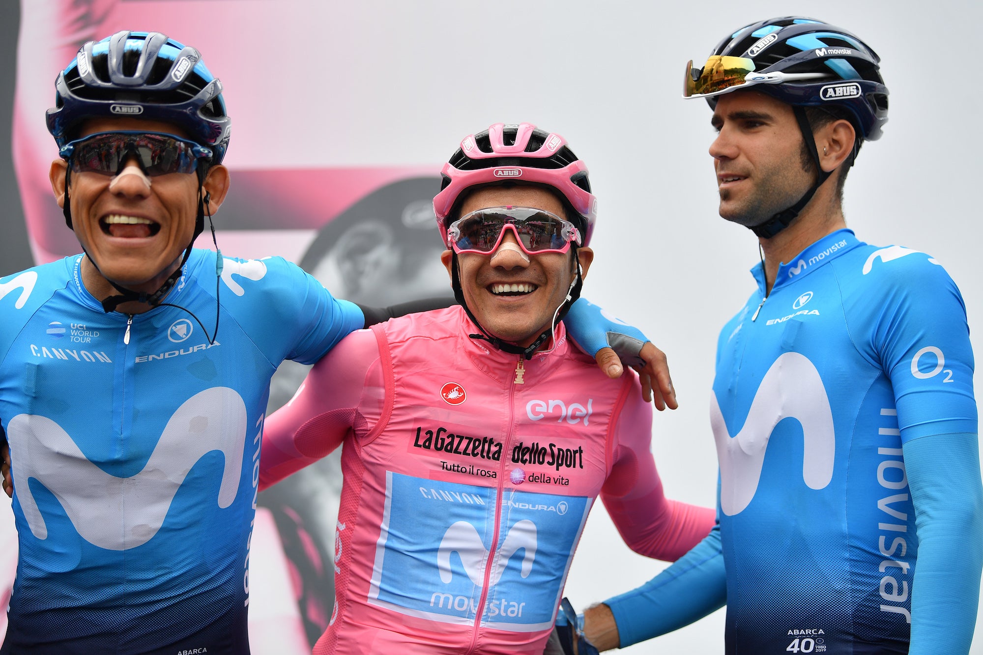 ANTHOLZ-ANTERSELVA, ITALY - MAY 29: Start / Andrey Amador Bikkazakova of Costa Rica and Movistar Team / Richard Carapaz of Ecuador and Movistar Team Pink Leader Jersey / Lluis Mas Bonet of Spain and Movistar Team / Team Presentation / during the 102nd Giro d'Italia 2019, Stage 17 a 181km stage from Commezzadura to Antholz-Anterselva 1635m / Tour of Italy / #Giro / @giroditalia / on May 29, 2019 in Antholz-Anterselva, Italy. (Photo by Justin Setterfield/Getty Images)