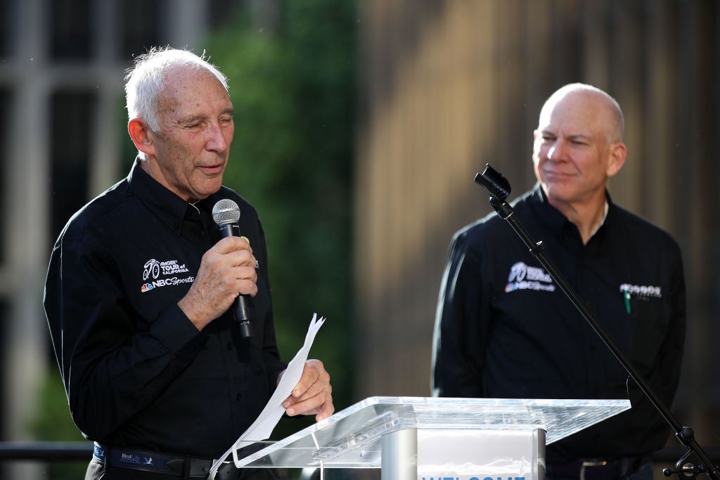 LOS ANGELES, CALIFORNIA - MAY 10: Phil Liggett and Bob Roll speak during the team presentation prior to the 14th Amgen Tour of California 2019 / #AmgenTOC / @AmgenTOC / on May 10, 2019 in Los Angeles, California. (Photo by Chris Graythen/Getty Images)