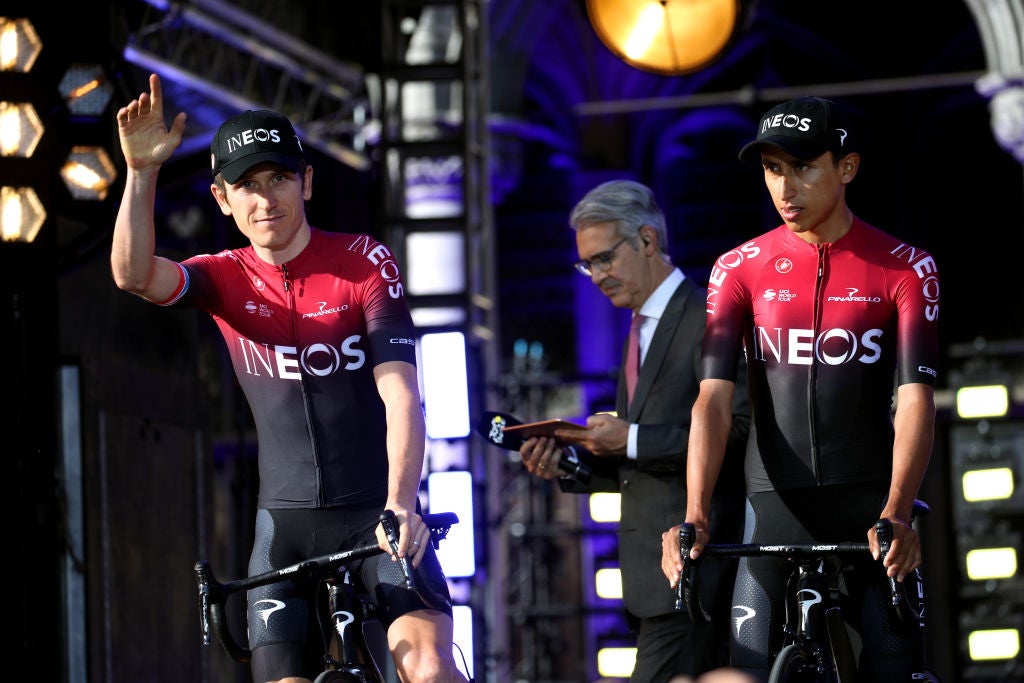 BRUSSELS, BELGIUM - JULY 04: Geraint Thomas of United Kingdom and Team INEOS / Egan Bernal of Colombia and Team INEOS / during the 106th Tour de France 2019 - Team Presentation / Brussels Grand Départ 2019 / Grand Place Bruxelles / TDF / #TDF2019 / @LeTour / on July 04, 2019 in Brussels, Belgium. (Photo by Chris Graythen/Getty Images)