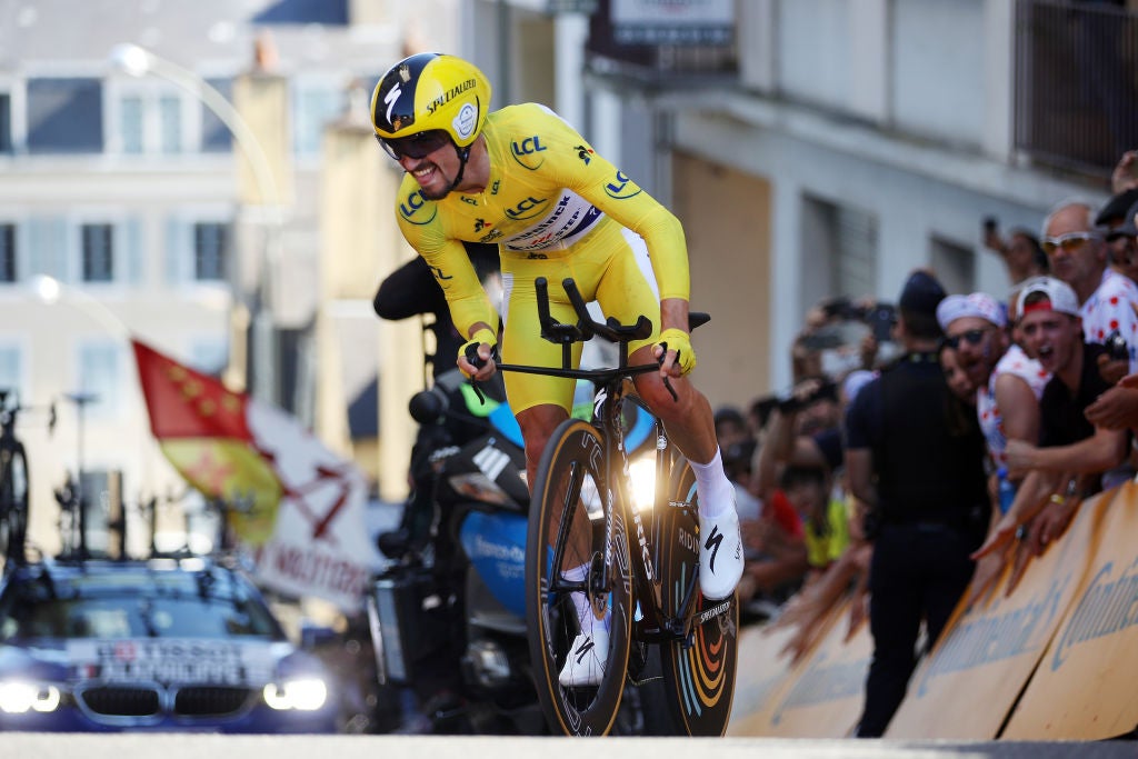 PAU, FRANCE - JULY 19: Julian Alaphilippe of France and Team Deceuninck - Quick-Step Yellow Leader Jersey / during the 106th Tour de France 2019 - Stage 13 a 27,2km Individual Time Trial Stage from Pau to Pau / ITT / TDF / #TDF2019 / @LeTour / on July 19, 2019 in Pau, France. (Photo by Chris Graythen/Getty Images)