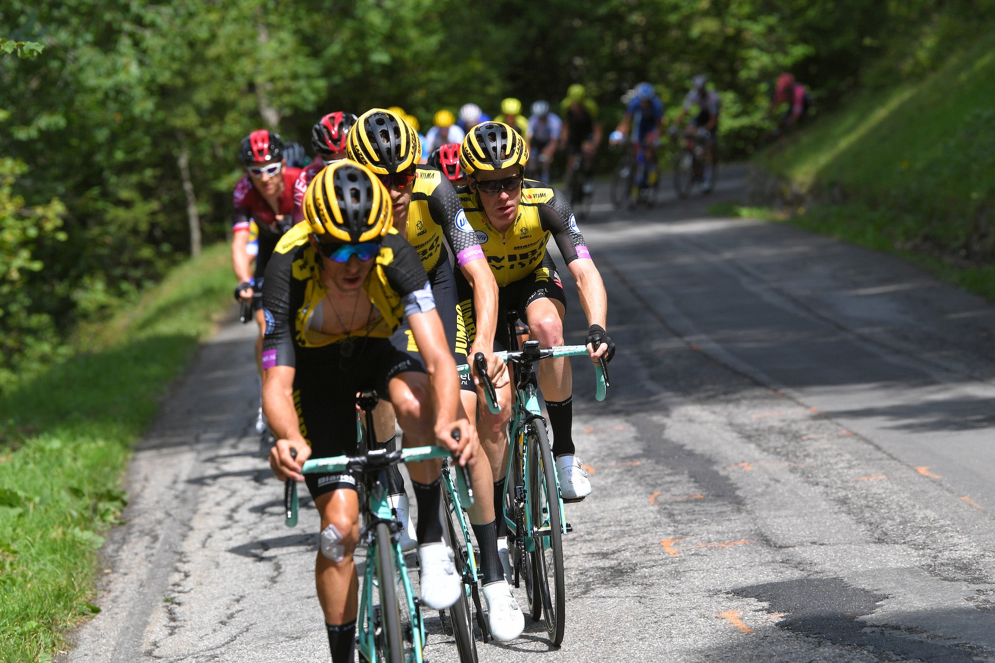 Jumbo-Visma pulled hard nearly all the way up the climb on stage 20 to set up Kruijswijk for third overall. Photo by Tim de Waele/Getty Images