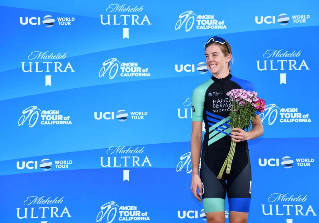 PASADENA, CALIFORNIA - MAY 18:  Podium / Celebration / Third Place / Leigh Ann Ganzar of The United States riding for Team Hagens Berman - Supermint / during the Amgen Tour of California Women's Race 2019, Stage 3 a126km stage from Santa Clarita to Pasadena / #AmgenTOCWomen / @AmgenTOC / on May 18, 2019 in Pasadena, California. (Photo by Harry How/Getty Images)