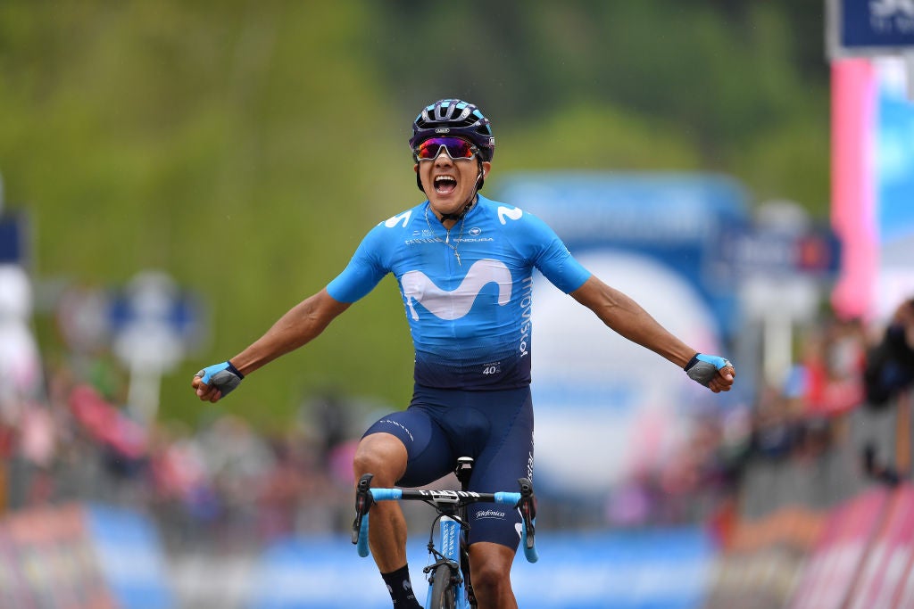 COURMAYEUR, ITALY - MAY 25: Arrival / Richard Carapaz of Ecuador and Movistar Team / Celebration / during the 102nd Giro d'Italia 2019, Stage 14 a 131km stage from Saint Vincent to Courmayeur (Skyway Monte Bianco) 1293m / Tour of Italy / #Giro / @giroditalia / on May 25, 2019 in Courmayeur, Italy. (Photo by Justin Setterfield/Getty Images)
