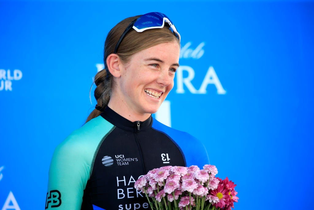 PASADENA, CALIFORNIA - MAY 18:  /Podium / Celebration / Leigh Ann Ganzar of The United States and Team Hagens Berman - Supermint / looks on from the podium after finishing third place in the Amgen Tour Of California Women's Race 2019, Stage 3 a 126km stage from Santa Clarita to Pasadena / #AmgenTOCWomen / @AmgenTOC / on May 18, 2019 in Pasadena, California. (Photo by Sean M. Haffey/Getty Images)