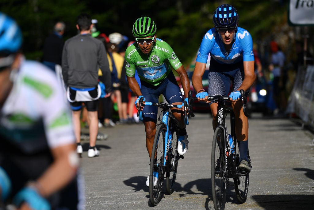 LOS MACHUCOS, SPAIN - SEPTEMBER 06: Nairo Quintana of Colombia and Movistar Team Green Points Jersey / Marc Soler of Spain and Movistar Team / Alto de Los Machucos (880m)/ Fans / Public / during the 74th Tour of Spain 2019, Stage 13 a 166,4km stage from Bilbao to Alto de Los Machucos - Monumento Vaca Pasiega 880m / #LaVuelta19 / @lavuelta / on September 06, 2019 in Los Machucos. Monumento Vaca Pasiega, Spain. (Photo by Justin Setterfield/Getty Images)