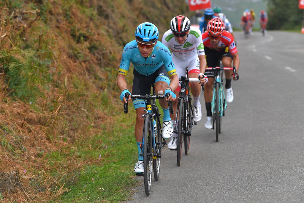 ALTO DE LA CUBILLA. LENA, SPAIN - SEPTEMBER 09: Miguel Angel Lopez of Colombia and Astana Pro Team / Tadej Pogacar of Slovenia and UAE Team Emirates White Best Young Rider Jersey / Primoz Roglic of Slovenia and Team Jumbo-Visma Red Leader Jersey / during the 74th Tour of Spain 2019, Stage 16 a 144,4km stage from Pravia to Alto de La Cubilla. Lena 1690m / #LaVuelta19 / @lavuelta / on September 09, 2019 in Alto de La Cubilla. Lena, Spain. (Photo by Tim de Waele/Getty Images)
