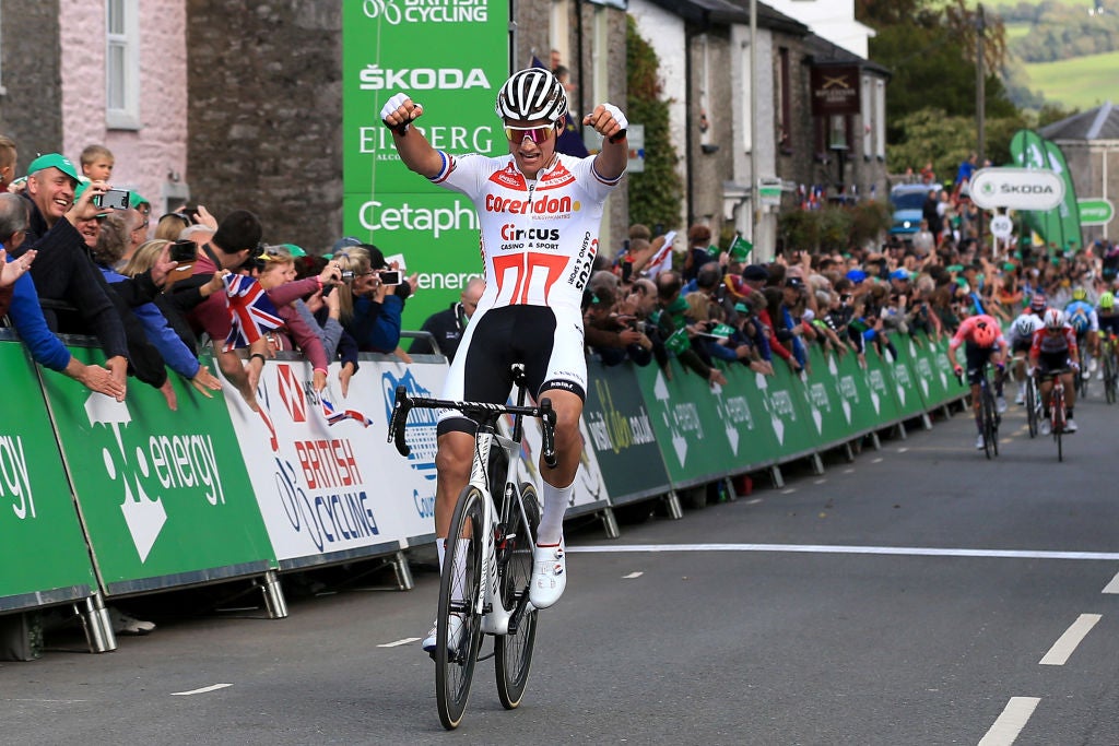 KENDAL, ENGLAND - SEPTEMBER 10: Arrival / Mathieu van der Poel of The Netherlands and Corendon Circus Cycling Team / Celebration / Jasper De Buyst of Belgium and Team Lotto Soudal / Simon Clarke of Australia and EF Education First Pro Cycling / Ben Swift of Great Britain and Team INEOS / Amund Grõndahl Jansen of Norway and Team Jumbo _ Visma Cycling / Public / Fans / during the 16th Tour of Britain 2019, Stage 4 a 173,2km stage from Gateshead to Kendal / @TourofBritain / #OVOToB / on September 10, 2019 in Kendal, England. (Photo by Stephen Pond/Getty Images)