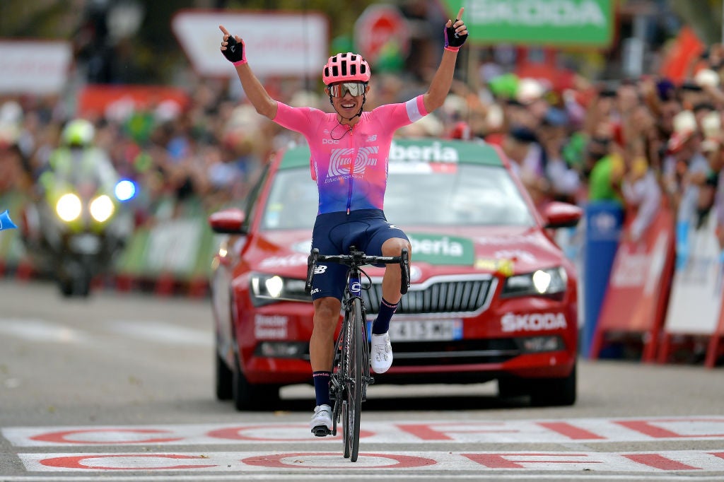 BECERRIL-DE-LA-SIERRA, SPAIN - SEPTEMBER 12: Arrival / Sergio Andres Higuita of Colombia and Team EF Education First / Celebration / during the 74th Tour of Spain 2019, Stage 18 a 178,2km stage from Comunidad de Madrid-Colmenar Viejo to Becerril de la Sierra 1095m / #LaVuelta19 / @lavuelta / on September 12, 2019 in Becerril de la Sierra, Spain. (Photo by Justin Setterfield/Getty Images)