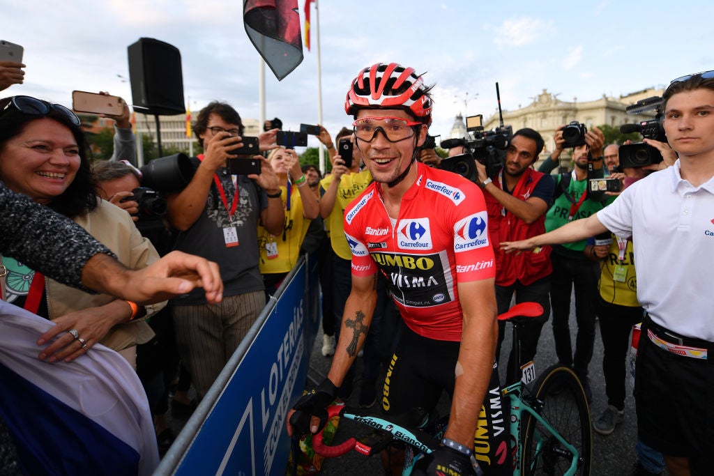 MADRID, SPAIN - SEPTEMBER 15: Arrival / Primoz Roglic of Slovenia and Team Jumbo-Visma Red Leader Jersey / Celebration / Fans / Public / during the 74th Tour of Spain 2019, Stage 21 a 106,6km stage from Fuenlabrada to Madrid / #LaVuelta19 / @lavuelta / on September 15, 2019 in Madrid, Spain. (Photo by Justin Setterfield/Getty Images)