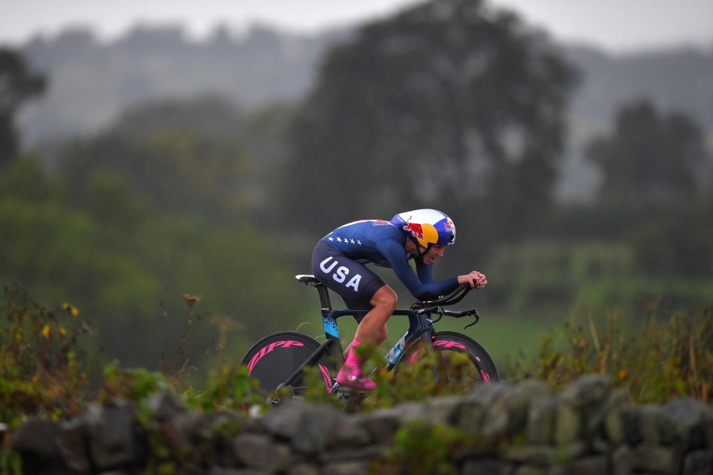 HARROGATE, ENGLAND - SEPTEMBER 24: Chloe Dygert of The United States / during the 92nd UCI Road World Championships 2019, Women Elite Individual Time Trial a 30,3km Individual Time Trial race from Ripon to Harrogate / ITT / @Yorkshire2019 / #Yorkshire2019 / on September 24, 2019 in Harrogate, England. (Photo by Tim de Waele/Getty Images)