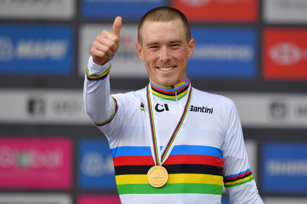 HARROGATE, ENGLAND - SEPTEMBER 25: Podium / Rohan Dennis of Australia Gold medal / Celebration / during the 92nd UCI Road World Championships 2019, Individual Time Trial Men Elite a 54km race from Northhallerton to Harrogate 121m / ITT / @Yorkshire2019 / #Yorkshire2019 / on September 25, 2019 in Harrogate, England. (Photo by Tim de Waele/Getty Images)