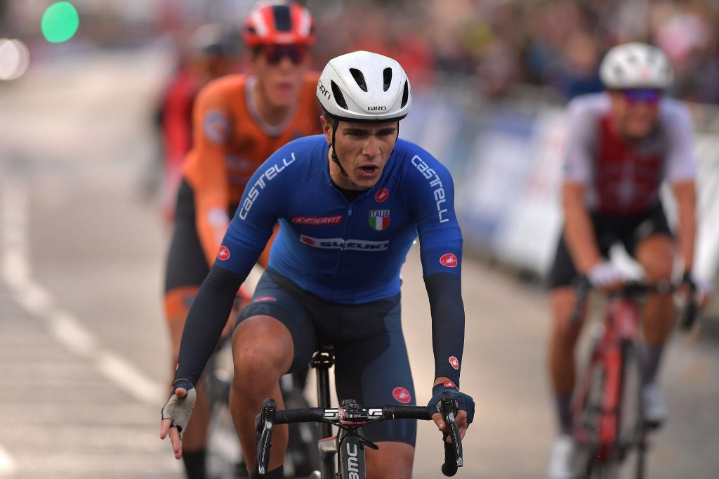 HARROGATE, ENGLAND - SEPTEMBER 27: Arrival / Samuele Battistella of Italy / Disappointment / during the 92nd UCI Road World Championships 2019, Men Under 23 Road Race a 173km race from from Doncaster to Harrogate 121m / @Yorkshire2019 / #Yorkshire2019 / on September 27, 2019 in Harrogate, England. (Photo by Justin Setterfield/Getty Images)