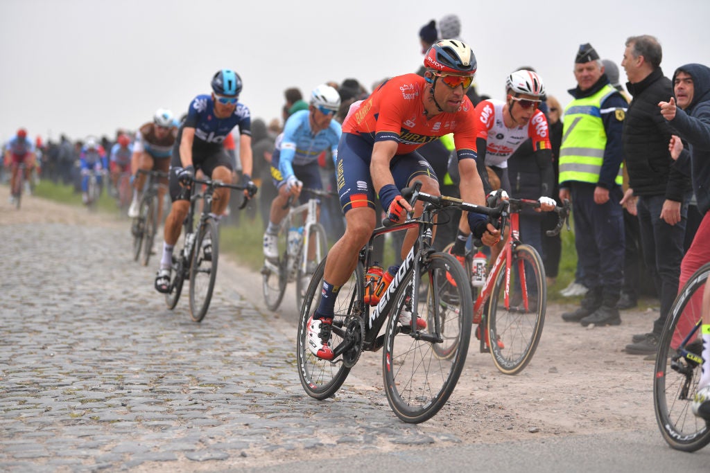 ROUBAIX, FRANCE - APRIL 14: Kristjan Koren of Denmark and Team Bahrain-Merida / Cobblestones / Fans / Public / during the 117th Paris-Roubaix a 257km race from Compiègne to Roubaix / @Paris_Roubaix / #ParisRoubaix / PRBX / L'Enfer du Nord / on April 14, 2019 in Roubaix, France. (Photo by Tim de Waele/Getty Images)