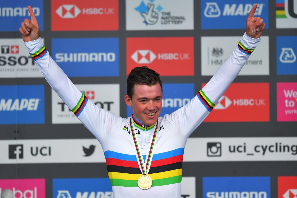 HARROGATE, ENGLAND - SEPTEMBER 29: Podium / Mads Pedersen of Denmark Gold Medal / Celebration / during the 92nd UCI Road World Championships 2019, Men Elite Road Race a 261,8km race from Leeds to Harrogate 125m / RR / @Yorkshire2019 / #Yorkshire2019 / on September 29, 2019 in Harrogate, England. (Photo by Tim de Waele/Getty Images)