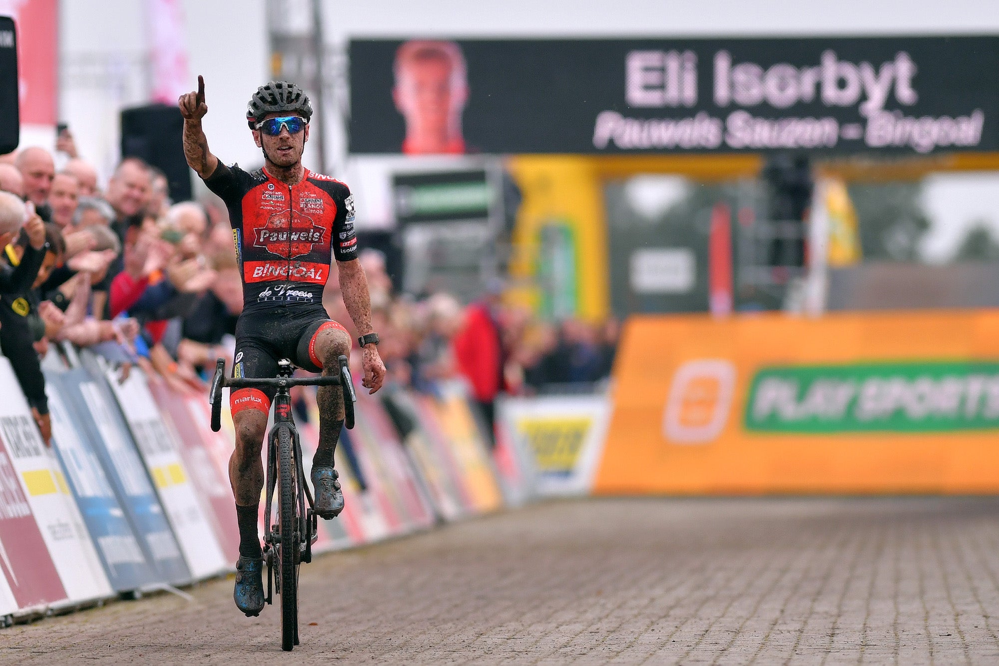 GIETEN, NETHERLANDS - OCTOBER 13: Arrival / Eli Iserbyt of Belgium and Team Pauwel Sauzen - Bingoal / Celebration / Mud / during the 44th Superprestige Gieten 2019, Memorial Radomir Simunek race from Gieten to Gieten / @SP_Gieten / @SuperprestigeCX / #TelenetSuperprestige / on October 13, 2019 in Gieten, Netherlands. (Photo by Luc Claessen/Getty Images)
