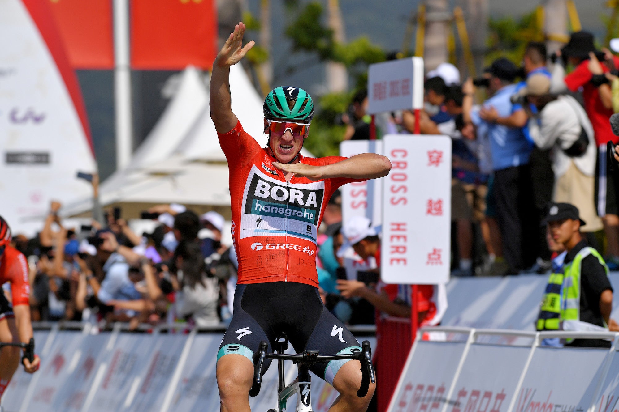 NANNING, CHINA - OCTOBER 19: Arrival / Pascal Ackermann of Germany and Team Bora-Hansgrohe Red Leader Jersey / Celebration / during the 3rd Tour of Guangxi 2019, Stage 3 a 143km stage from Nanning to Nanning 83m / @TourofGuangxi / on October 19, 2019 in Nanning, China. (Photo by Tim de Waele/Getty Images)