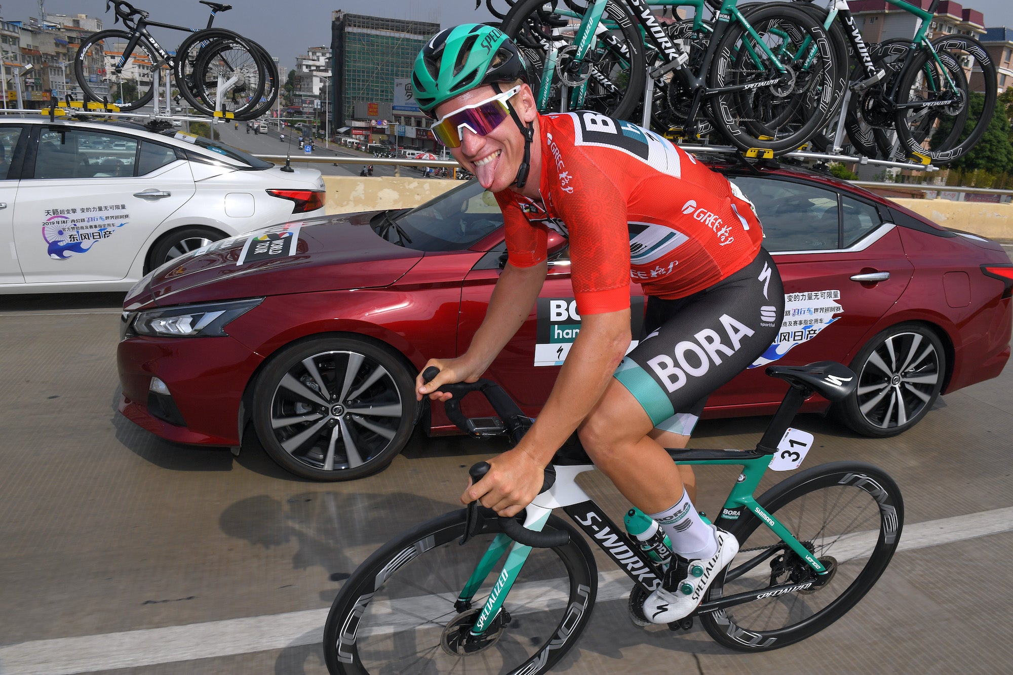 NANNING - NONGLA SCENIC AREA , CHINA - OCTOBER 20: Pascal Ackermann of Germany and Team Bora-Hansgrohe Red Leader Jersey / during the 3rd Tour Of Guangxi 2019 - Stage 4 a 161,4km stage from Guangxi Arts and Culture Center to Nongla Scenic Area 590m / @TourofGuangxi / on October 20, 2019 in Nanning - Nongla Scenic Area, China. (Photo by Tim de Waele/Getty Images)