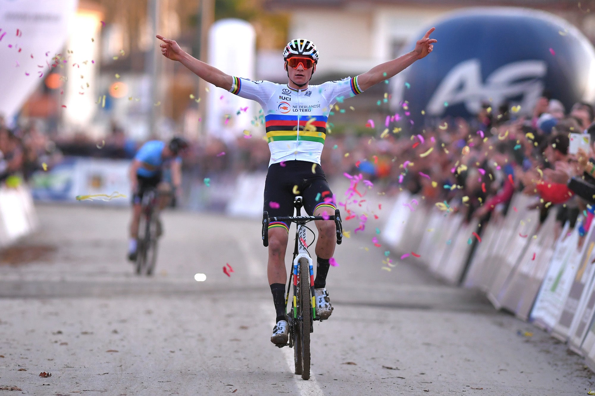 SILVELLE, ITALY - NOVEMBER 10: Arrival / Mathieu Van Der Poel of The Netherlands / Celebration / during the 17th UEC European Cyclocross Championships 2019, Men Elite / @UEC_cycling / #EuroCross19 / #Silvelle19 / on November 10, 2019 in Silvelle, Italy.  (Photo by Luc Claessen/Getty Images)