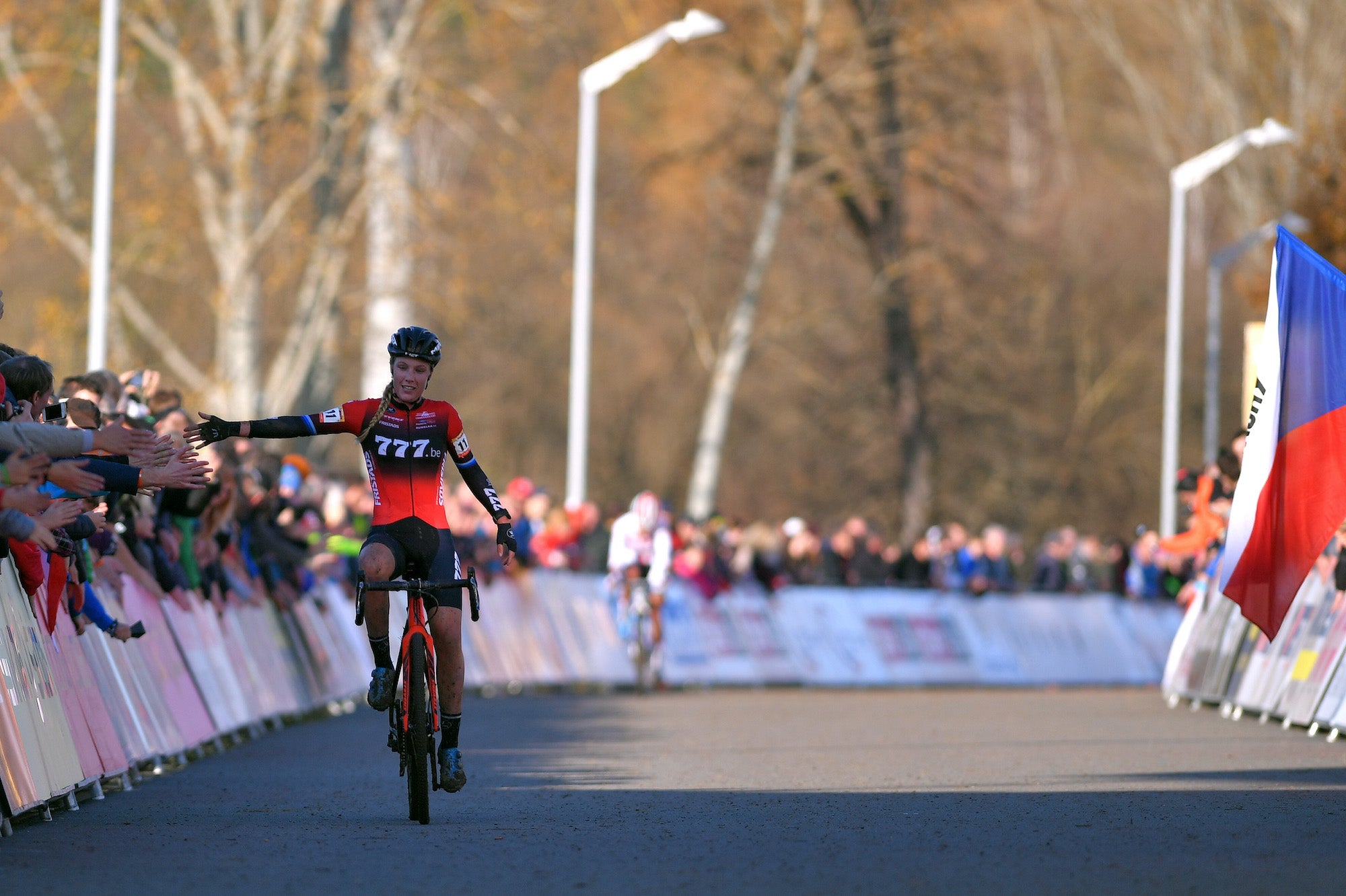 TABOR, CZECH REPUBLIC - NOVEMBER 16: Arrival / Annemarie Worst of The Netherlands and Team 777 / Celebration / during the 23rd Tabor World Cup 2019, Women Elite / @UCI_CX / #TelenetUCICXWC / on November 16, 2019 in Tabor, Czech Republic. (Photo by Luc Claessen/Getty Images)