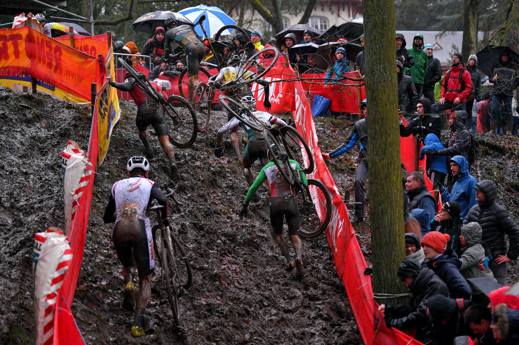 NAMUR, BELGIUM - DECEMBER 22: Nicola Rohrbach of Switzerland / Peloton / Public / Fans / Mud / Landscape / during the 11th Namur World Cup 2019 / @UCI_CX / #TelenetUCICXWC / on December 22, 2019 in Namur, Belgium. (Photo by Luc Claessen/Getty Images)