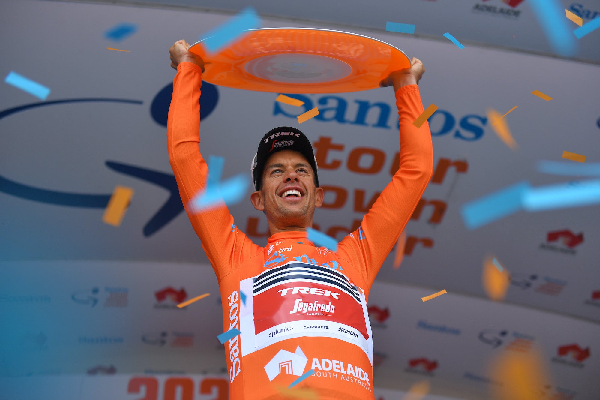 WILLUNGA HILL, AUSTRALIA - JANUARY 26: Podium / Richie Porte of Australia and Team Trek-Segafredo Orange Leader Jersey / Celebration / Trophy / during the 22nd Santos Tour Down Under 2020, Stage 6 a 151,5km stage from McLaren Vale to Willunga Hill 374m  / TDU / @tourdownunder / #UCIWT / on January 26, 2020 in Willunga Hill, Australia. (Photo by Tim de Waele/Getty Images)