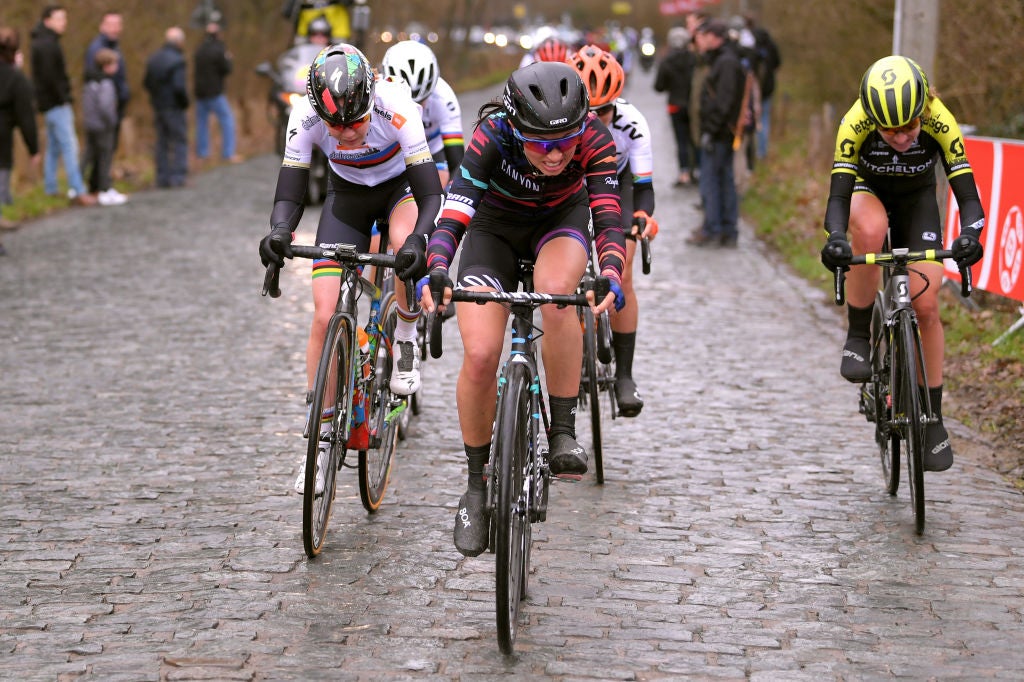 NINOVE, BELGIUM - MARCH 02: Katarzyna Niewiadoma of Poland and Team Canyon Sram Racing / Annemiek Van Vleuten of The Netherlands and Team Mitchelton Scott / during the 13th Omloop Het Nieuwsblad 2019, Women a 122,9km race from Gent to Ninove / @OmloopHNB / Flanders Classic / on March 02, 2019 in Ninove, Belgium. (Photo by Luc Claessen/Getty Images)